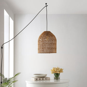 Koda 13" Farmhouse Coastal Bohemian Rattan 180" Cord Plug-In or Hardwired LED Pendant - JONATHAN Y